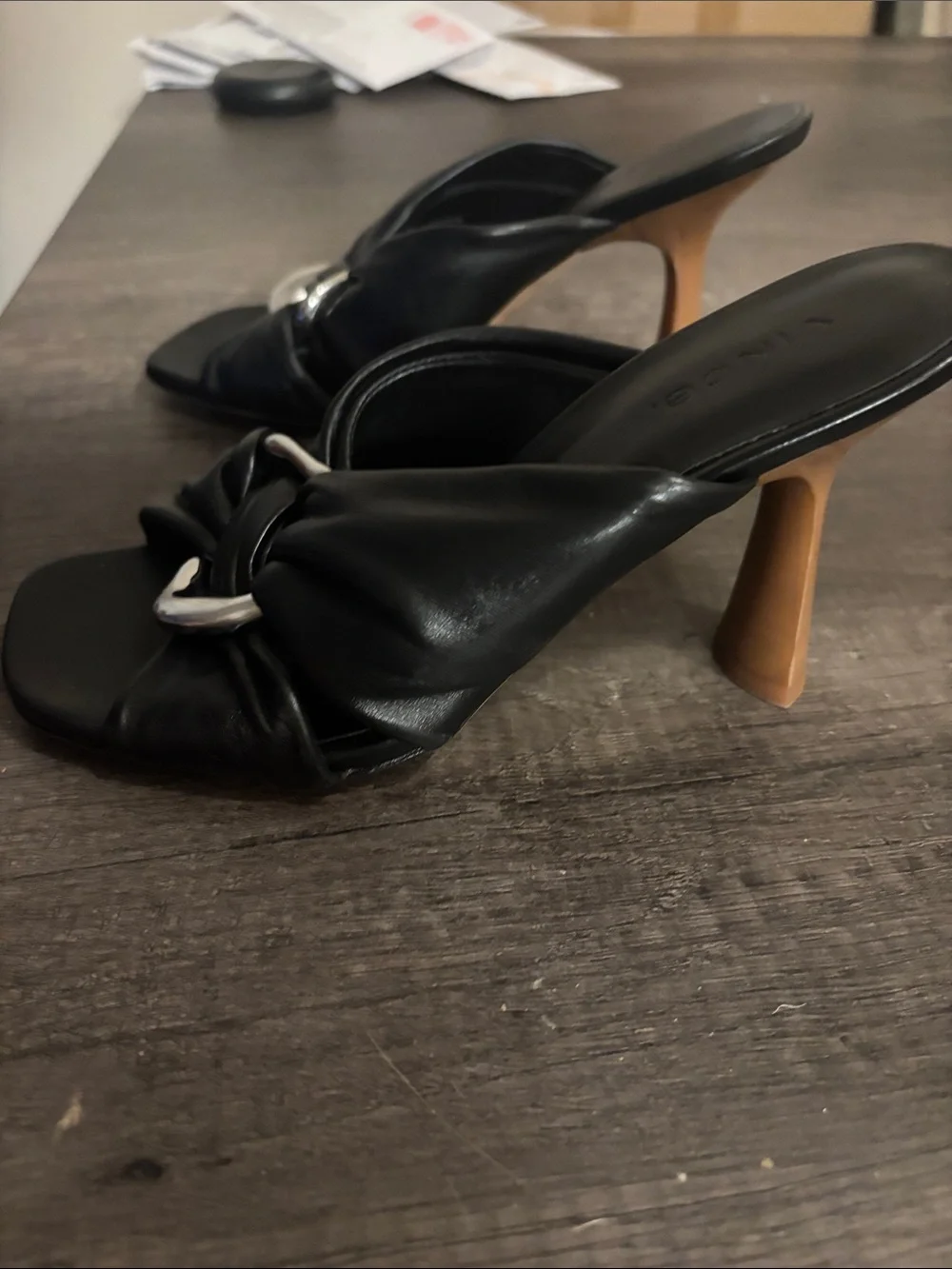 Vince Black Leather Knotted Slide Sandals with Silver Accent